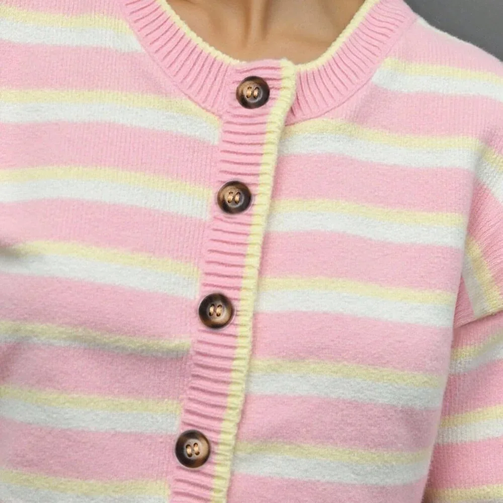 Pink Chic Women's Striped Crewneck Cardigan